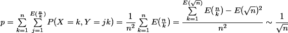 p = \sum_{k=1}^n \sum_{j=1}^{E(\frac{n}{k})}P(X = k, Y = jk) = \dfrac1{n^2}\sum_{k=1}^n E(\frac{n}{k}) = \dfrac{\sum_{k=1}^{E(\sqrt{n})}E(\frac{n}{k}) - E(\sqrt{n})^2}{n^2} \sim \dfrac{1}{\sqrt{n}}